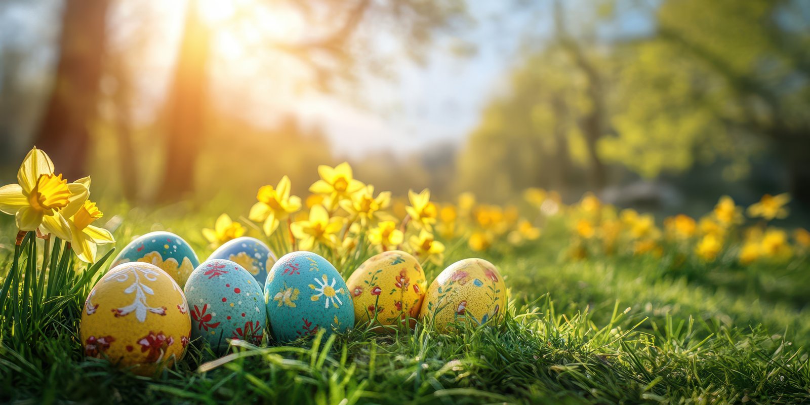 Colorful decorated eggs rest among vibrant daffodils in a sunlit garden during springtime celebrations